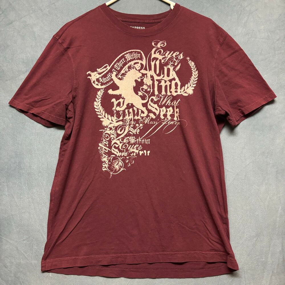 Express Shirt Large Graphic Affliction Style Lion Skater Rave Grunge Burgundy